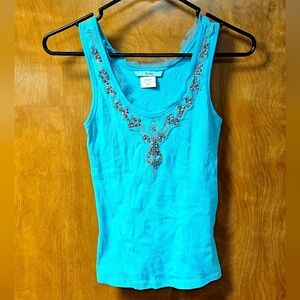 Marciano Turquoise Rhinestone & Lace Ribbed Tank Top XS